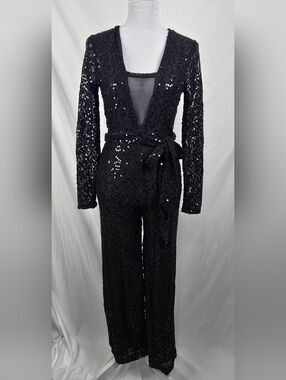Lovers and Friends Black Sequined Lace Leighton Jumpsuit sz S